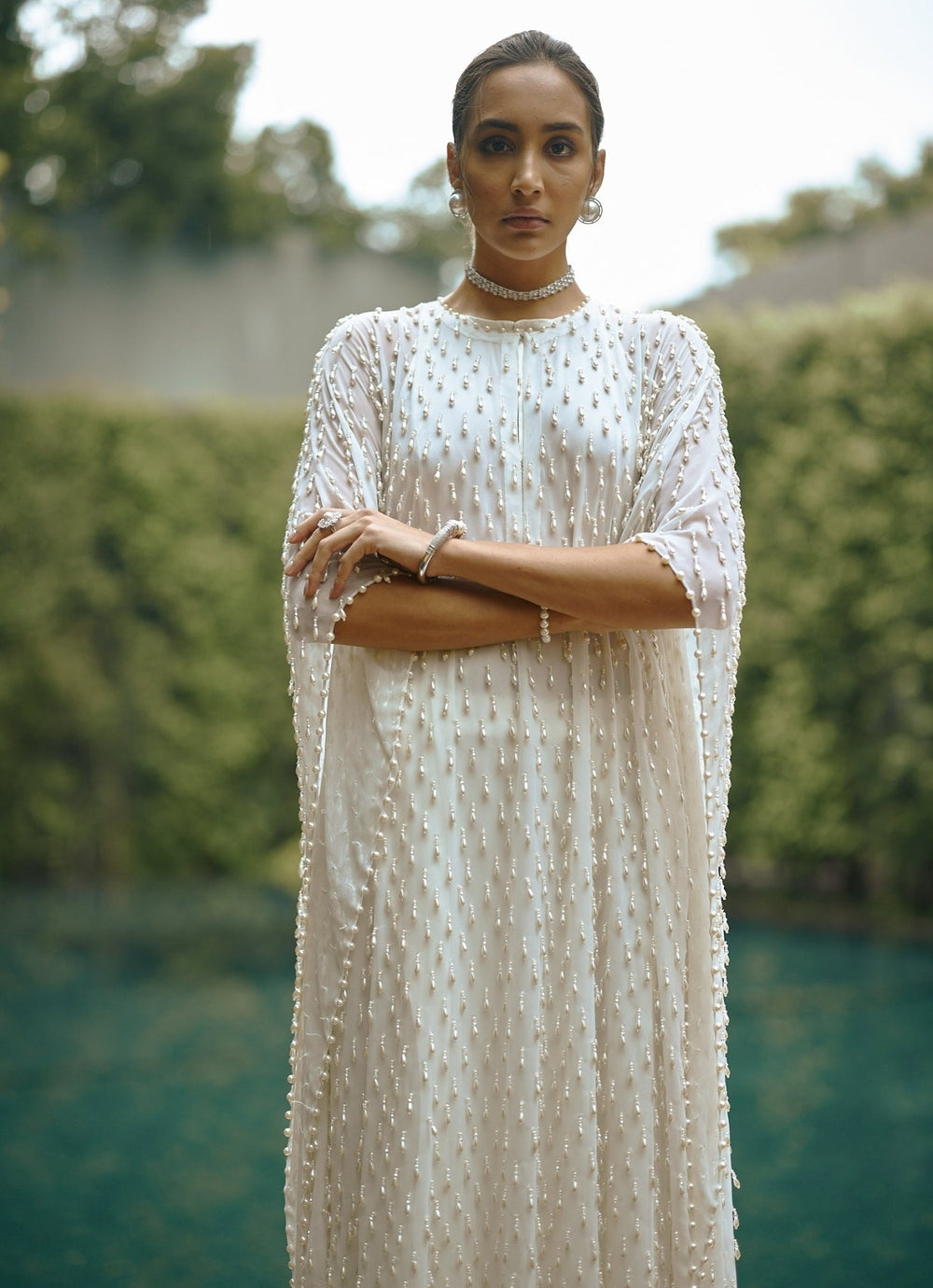 Ivory Pearl Embroidered Georgette Kaftan Kurta With Pants Vvani by Vani Vats - Fabilicious Fashion