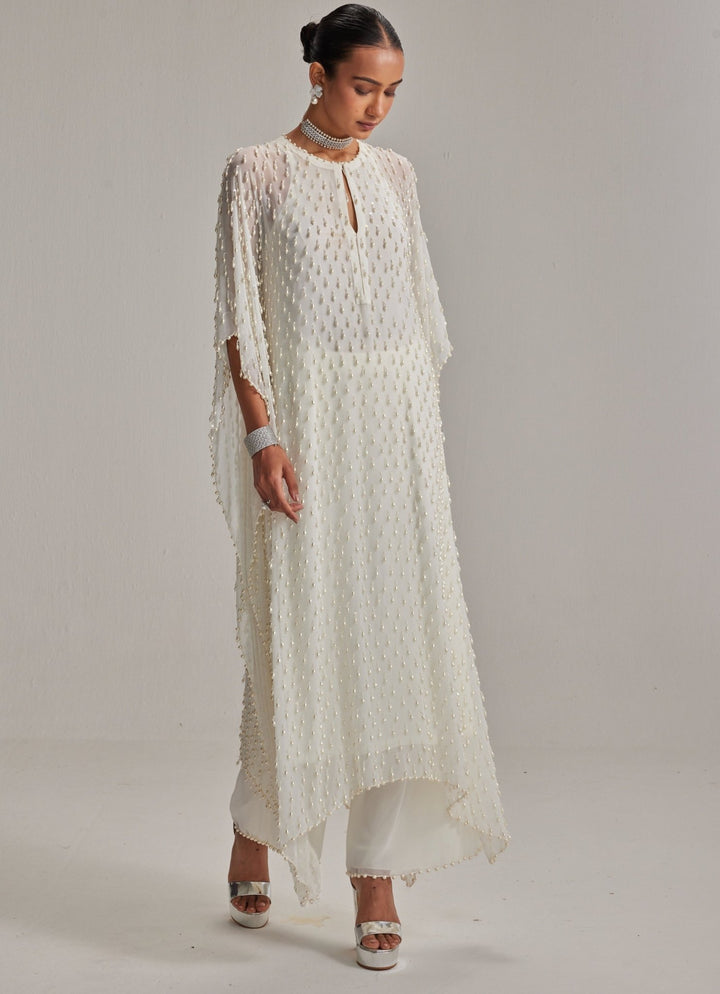 Ivory Pearl Embroidered Georgette Kaftan Kurta With Pants Vvani by Vani Vats - Fabilicious Fashion