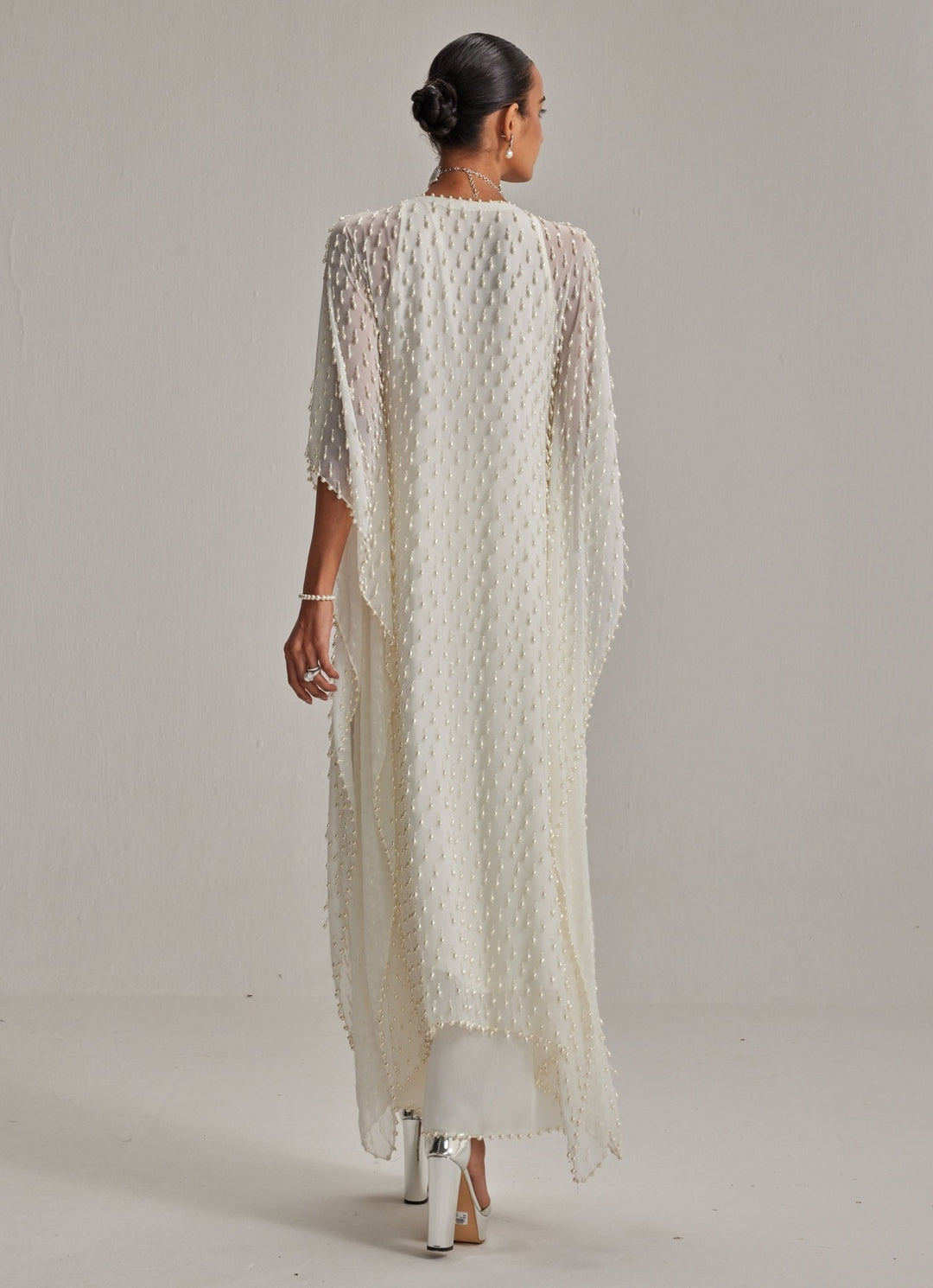 Ivory Pearl Embroidered Georgette Kaftan Kurta With Pants Vvani by Vani Vats - Fabilicious Fashion