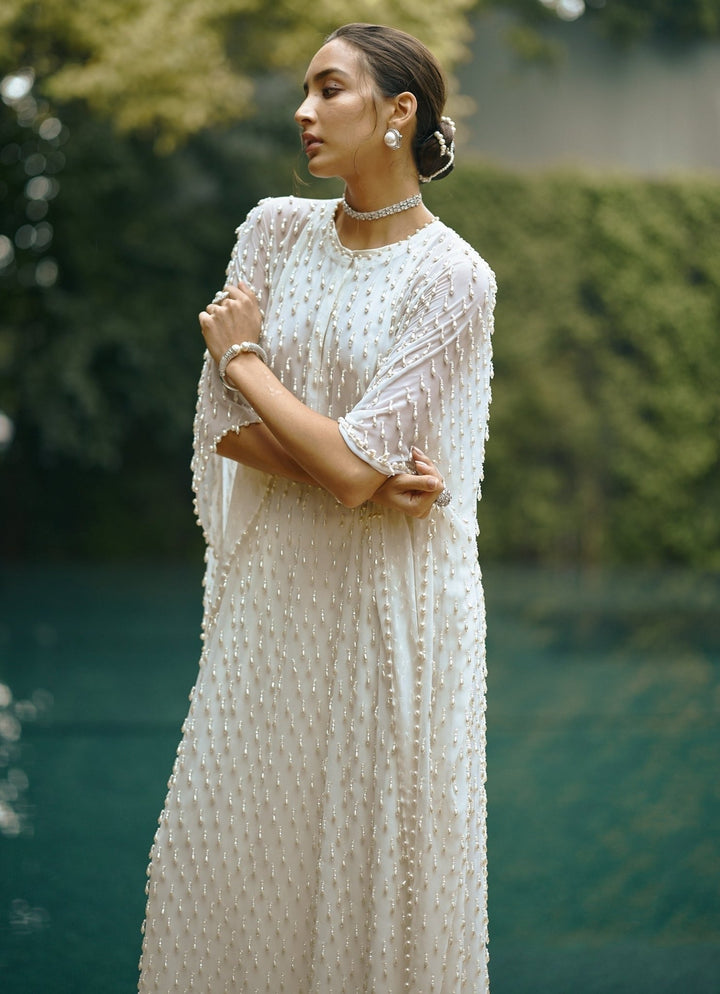 Ivory Pearl Embroidered Georgette Kaftan Kurta With Pants Vvani by Vani Vats - Fabilicious Fashion