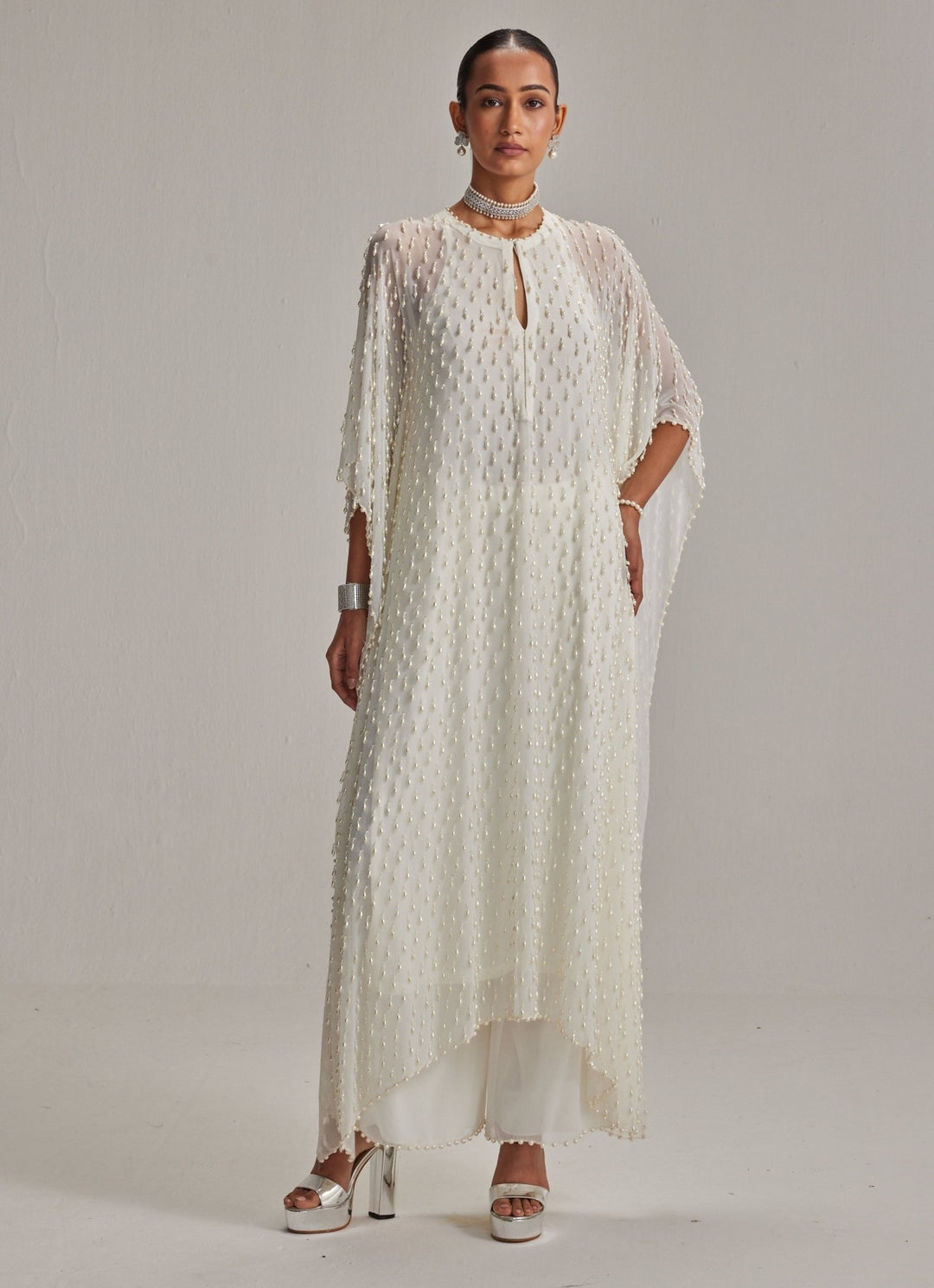 Ivory Pearl Embroidered Georgette Kaftan Kurta With Pants Vvani by Vani Vats - Fabilicious Fashion