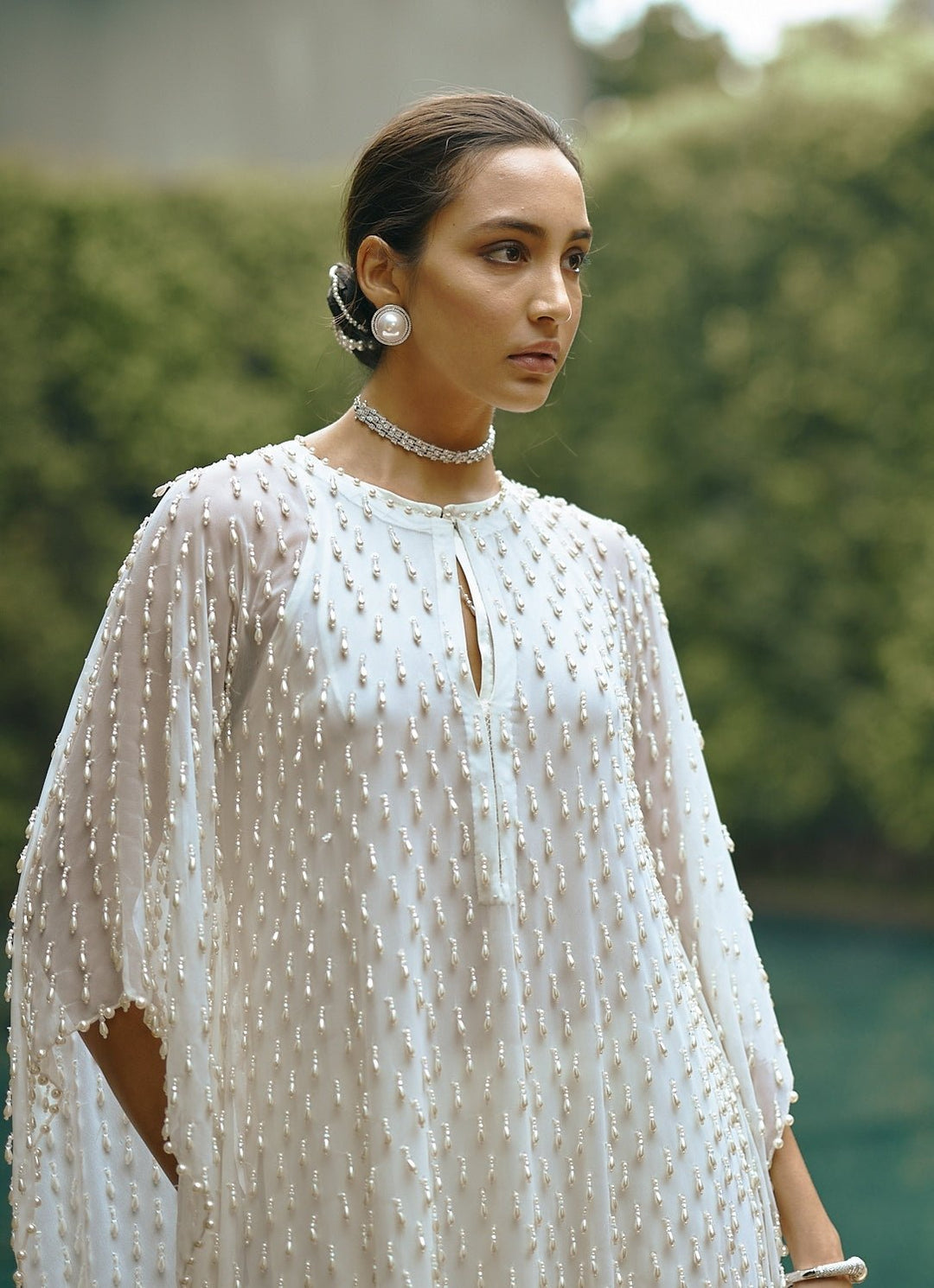 Ivory Pearl Embroidered Georgette Kaftan Kurta With Pants Vvani by Vani Vats - Fabilicious Fashion
