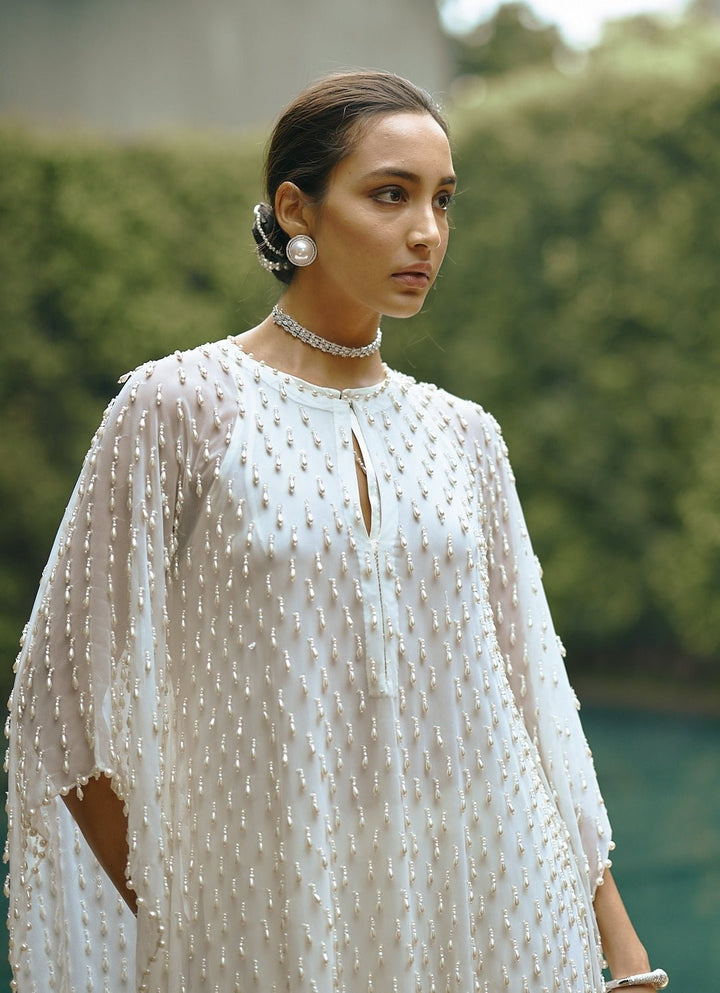 Ivory Pearl Embroidered Georgette Kaftan Kurta With Pants Vvani by Vani Vats - Fabilicious Fashion