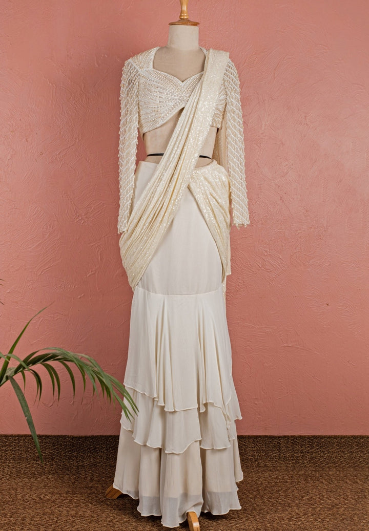 Ivory Pearl Embroidered Georgette Pre - Draped Saree Anisha Shetty - Fabilicious Fashion