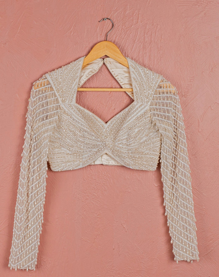 Ivory Pearl Embroidered Georgette Pre - Draped Saree Anisha Shetty - Fabilicious Fashion