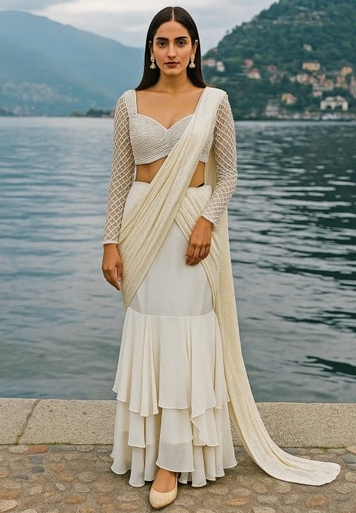 Ivory Pearl Embroidered Georgette Pre - Draped Saree Anisha Shetty - Fabilicious Fashion