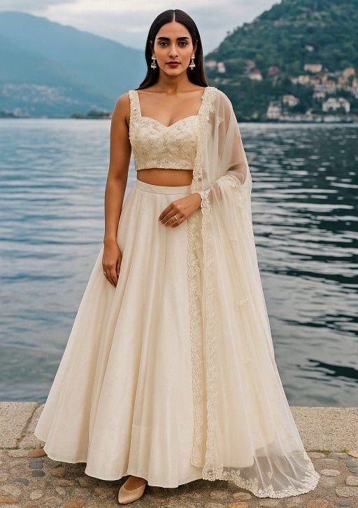 Ivory Pearl Embroidered Organza Lehenga Anisha Shetty - Fabilicious Fashion