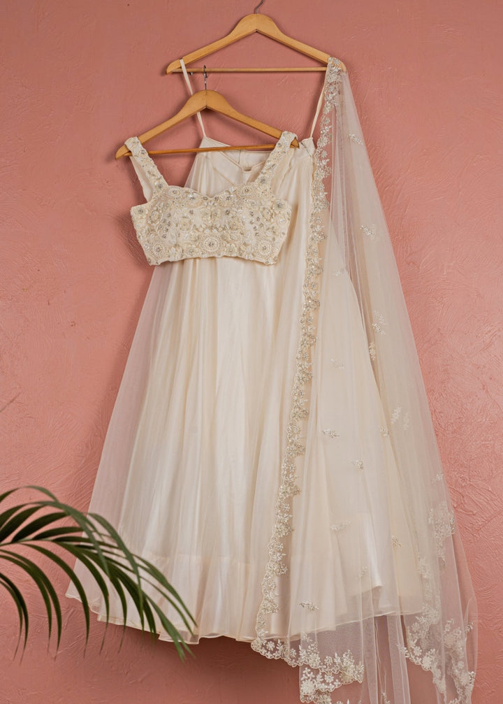 Ivory Pearl Embroidered Organza Lehenga Anisha Shetty - Fabilicious Fashion