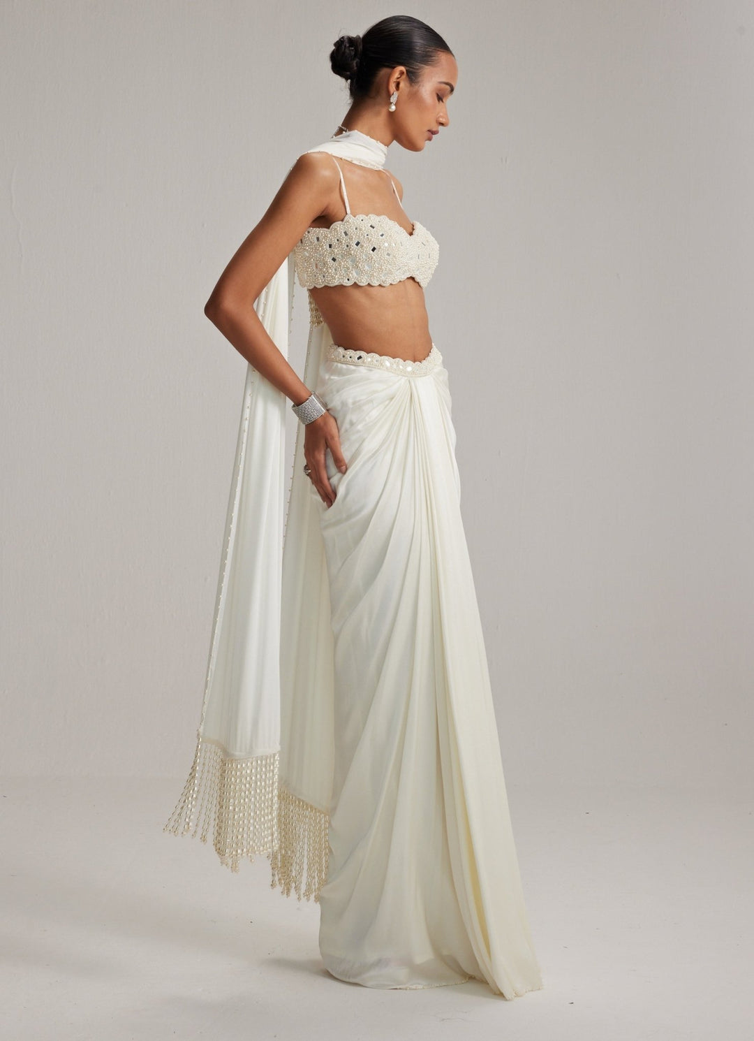 Ivory Pearl Embroidered Satin Drape Skirt Set Vvani by Vani Vats - Fabilicious Fashion