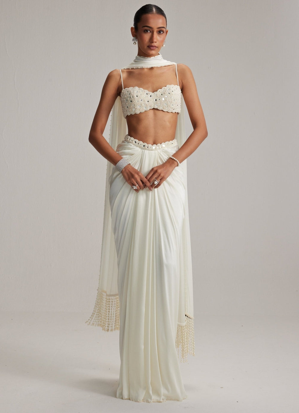 Ivory Pearl Embroidered Satin Drape Skirt Set Vvani by Vani Vats - Fabilicious Fashion