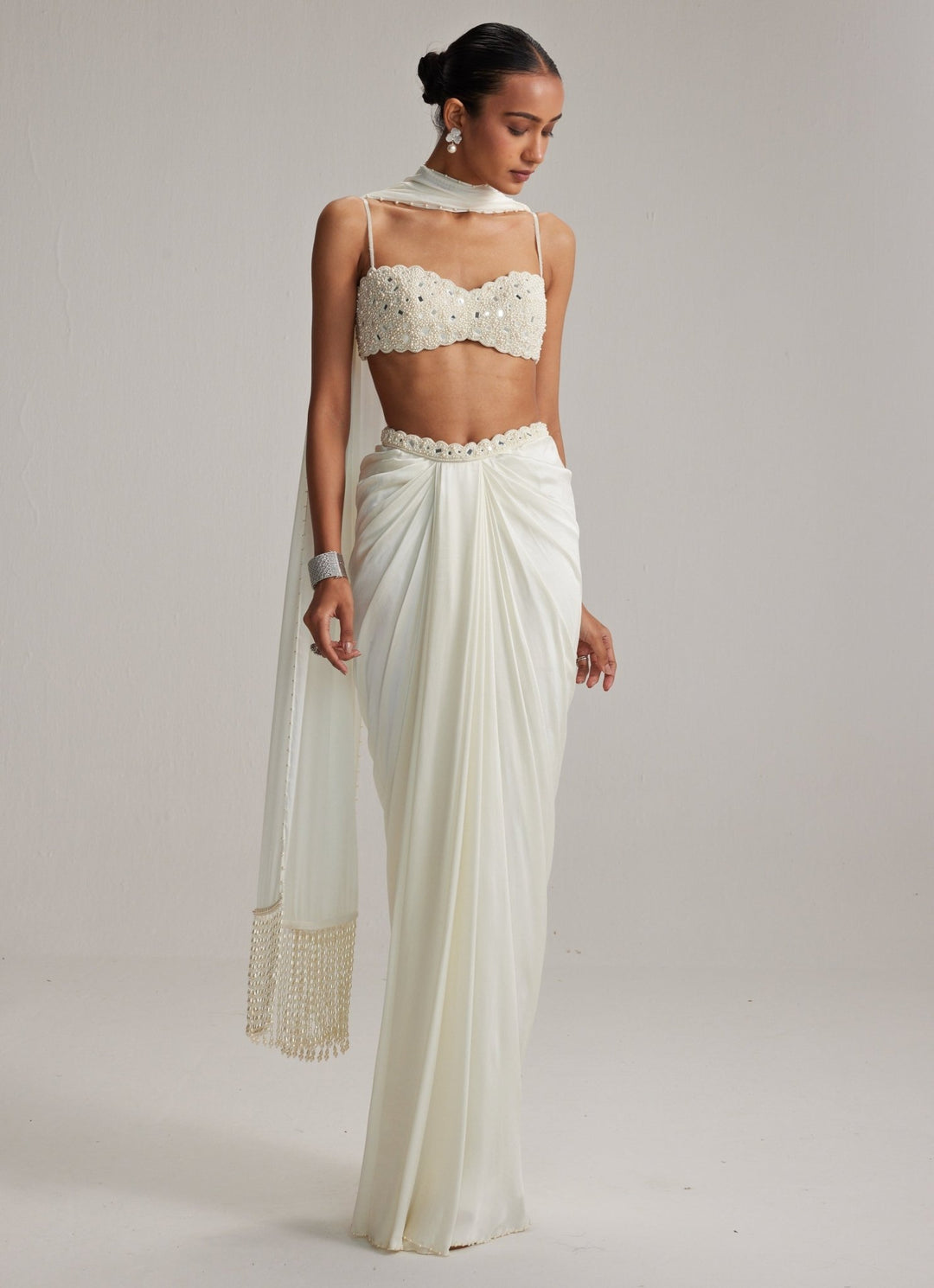Ivory Pearl Embroidered Satin Drape Skirt Set Vvani by Vani Vats - Fabilicious Fashion