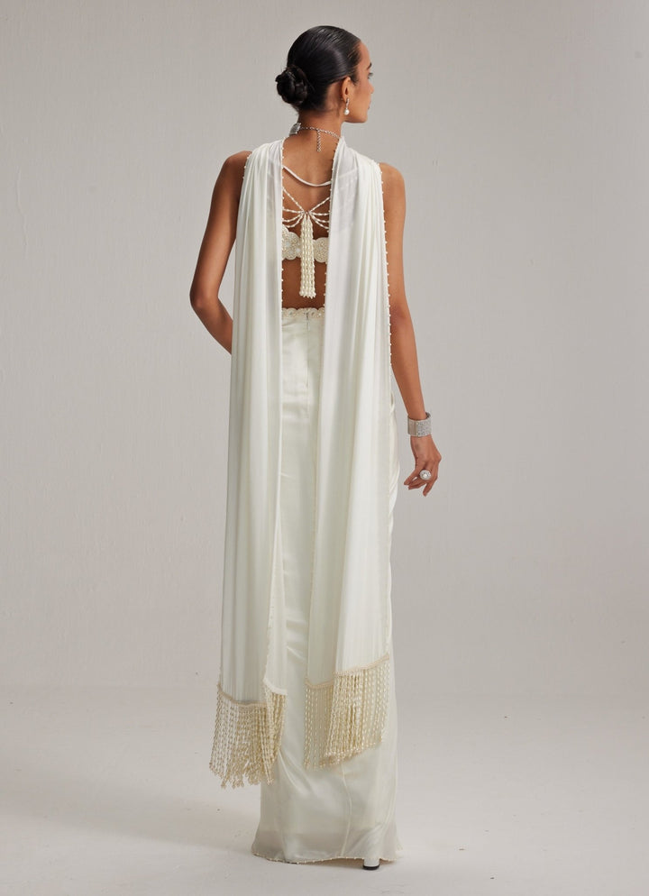 Ivory Pearl Embroidered Satin Drape Skirt Set Vvani by Vani Vats - Fabilicious Fashion