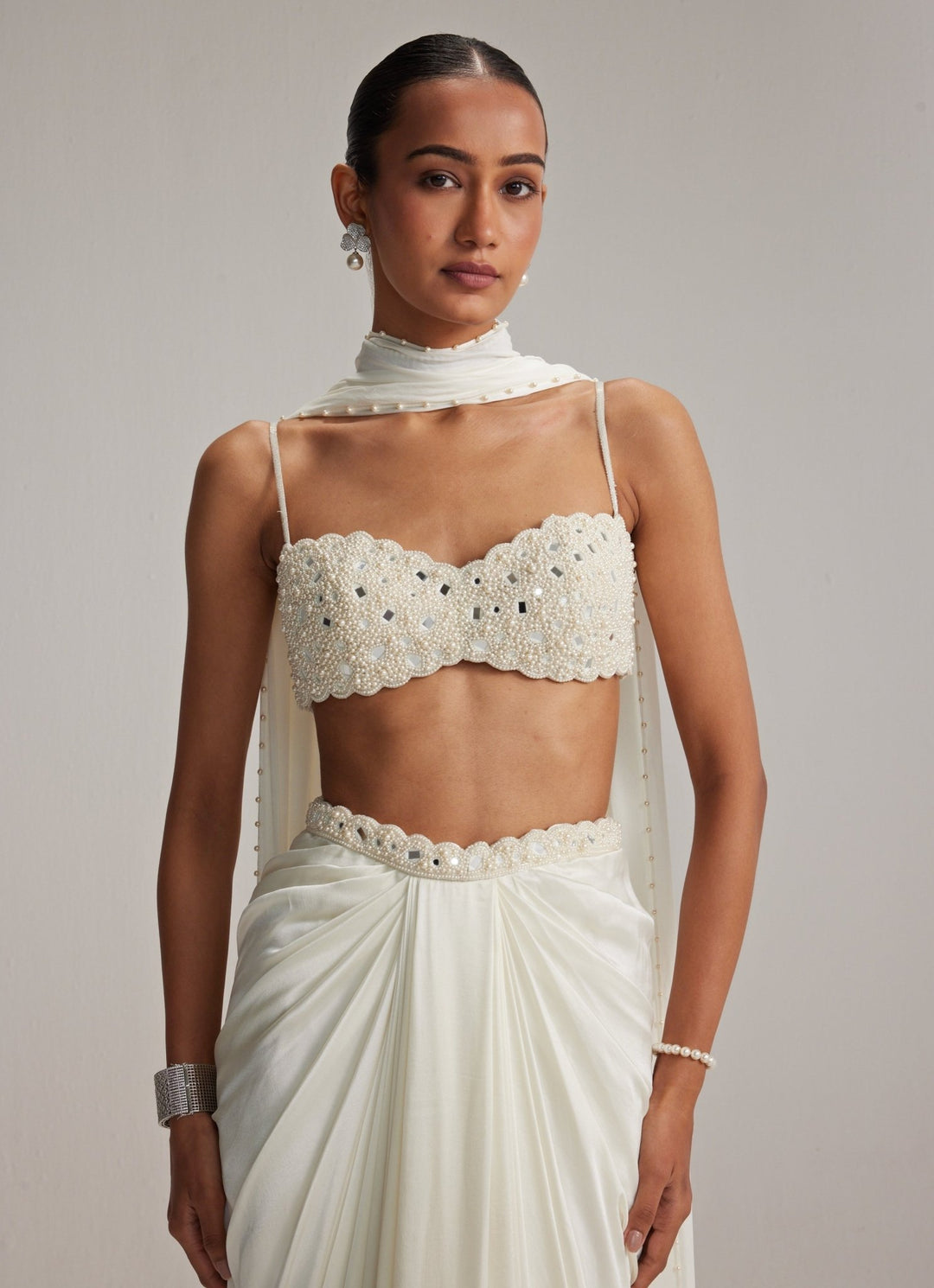 Ivory Pearl Embroidered Satin Drape Skirt Set Vvani by Vani Vats - Fabilicious Fashion
