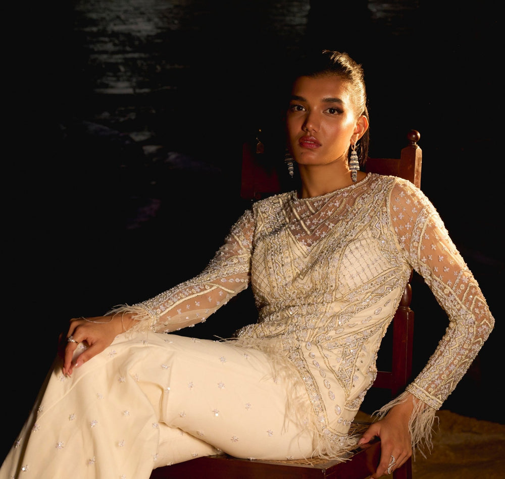 Ivory Pearl Embroidered Short Kurta Sharara Set Mani Bhatia - Fabilicious Fashion