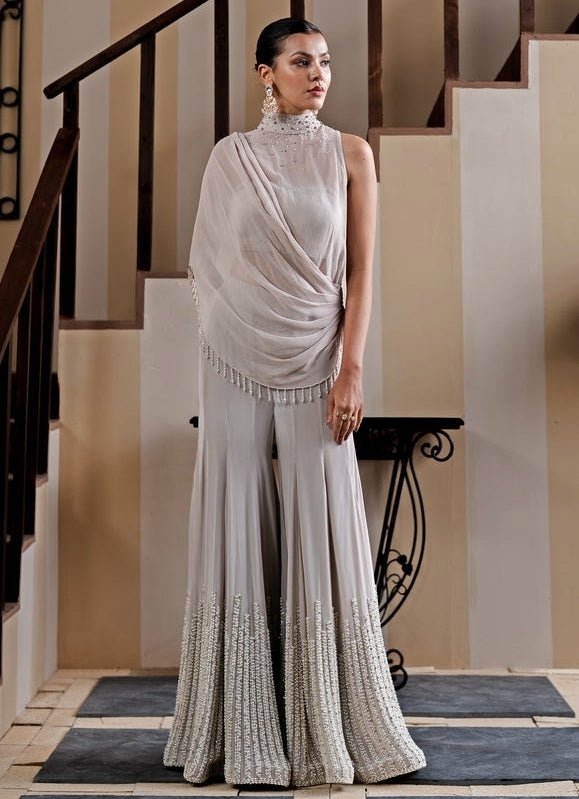 Jade by Ashima Ivory Pearl Georgette Blouse Sharara Set With Drape ShrugFabilicious Fashion