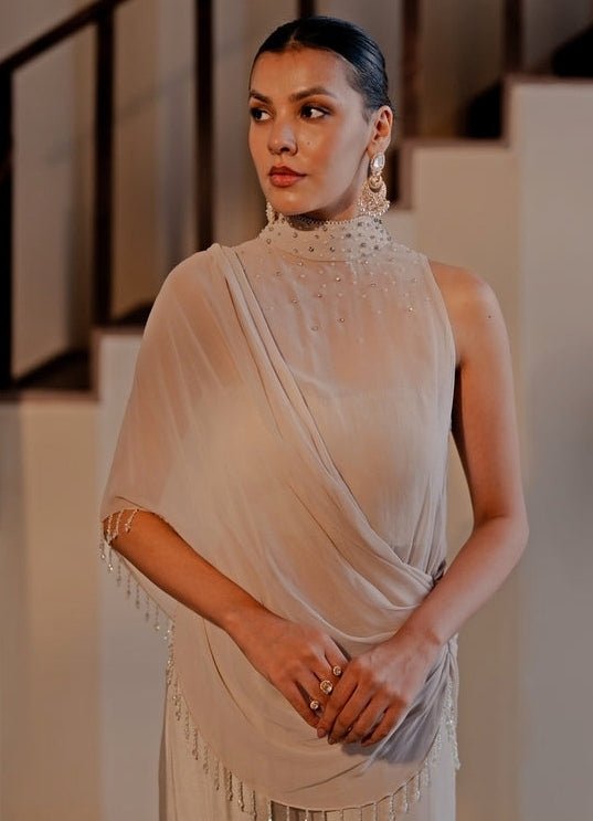 Jade by Ashima Ivory Pearl Georgette Blouse Sharara Set With Drape ShrugFabilicious Fashion
