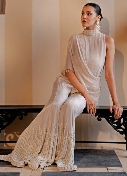 Jade by Ashima Ivory Pearl Georgette Blouse Sharara Set With Drape ShrugFabilicious Fashion