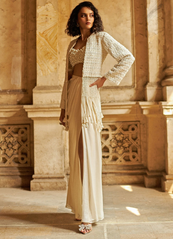 Ivory Pearl Macrame Jacket and Pant Set Duara - Fabilicious Fashion