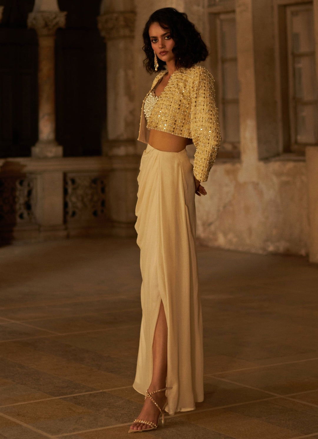 Ivory Pearl Macrame Jacket and Pant Set Duara - Fabilicious Fashion