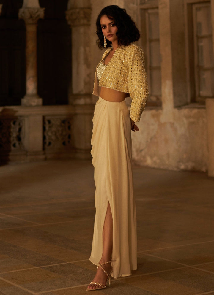 Ivory Pearl Macrame Jacket and Pant Set Duara - Fabilicious Fashion