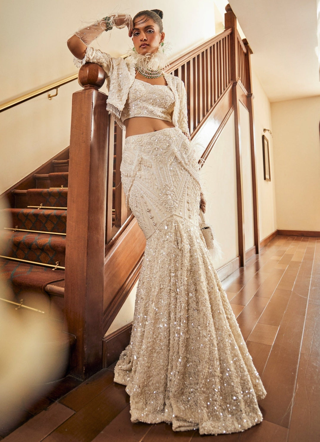 Ivory Pearl Sequins Mermaid Skirt With Jacket Mani Bhatia - Fabilicious Fashion