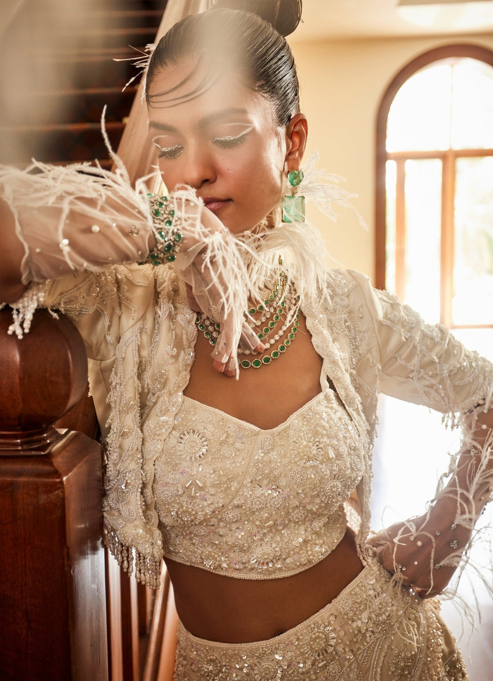 Ivory Pearl Sequins Mermaid Skirt With Jacket Mani Bhatia - Fabilicious Fashion