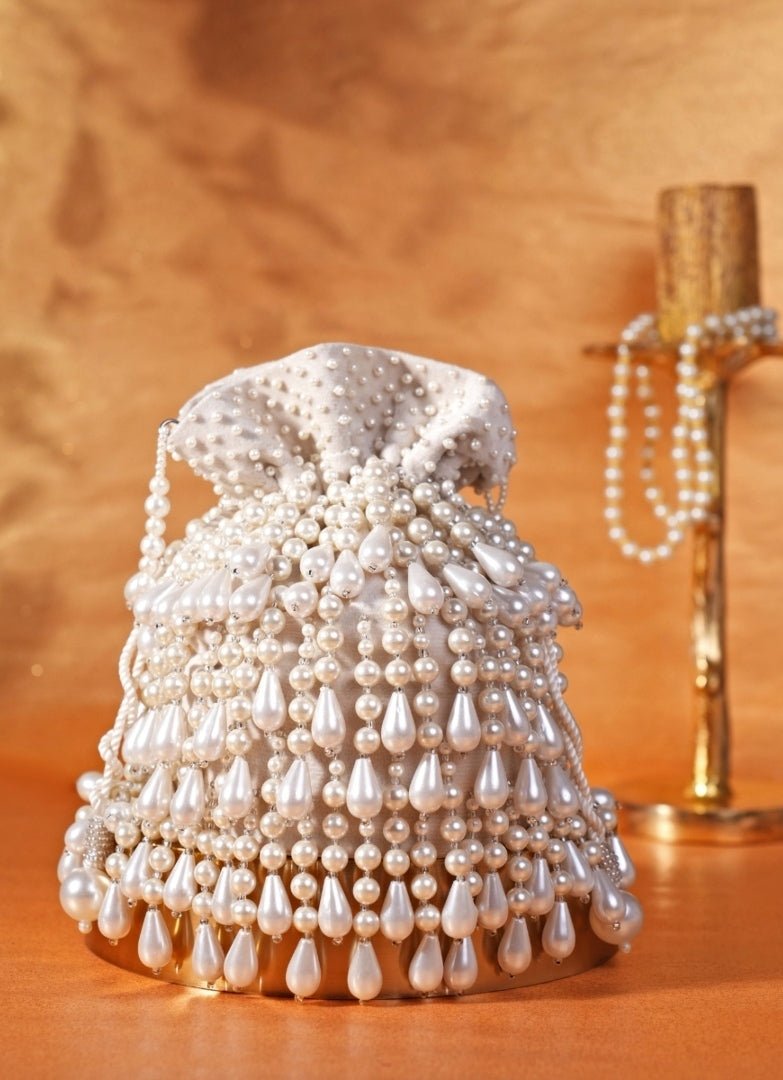 Ivory Pearl Suede Bucket Bag House of Kosha - Fabilicious Fashion