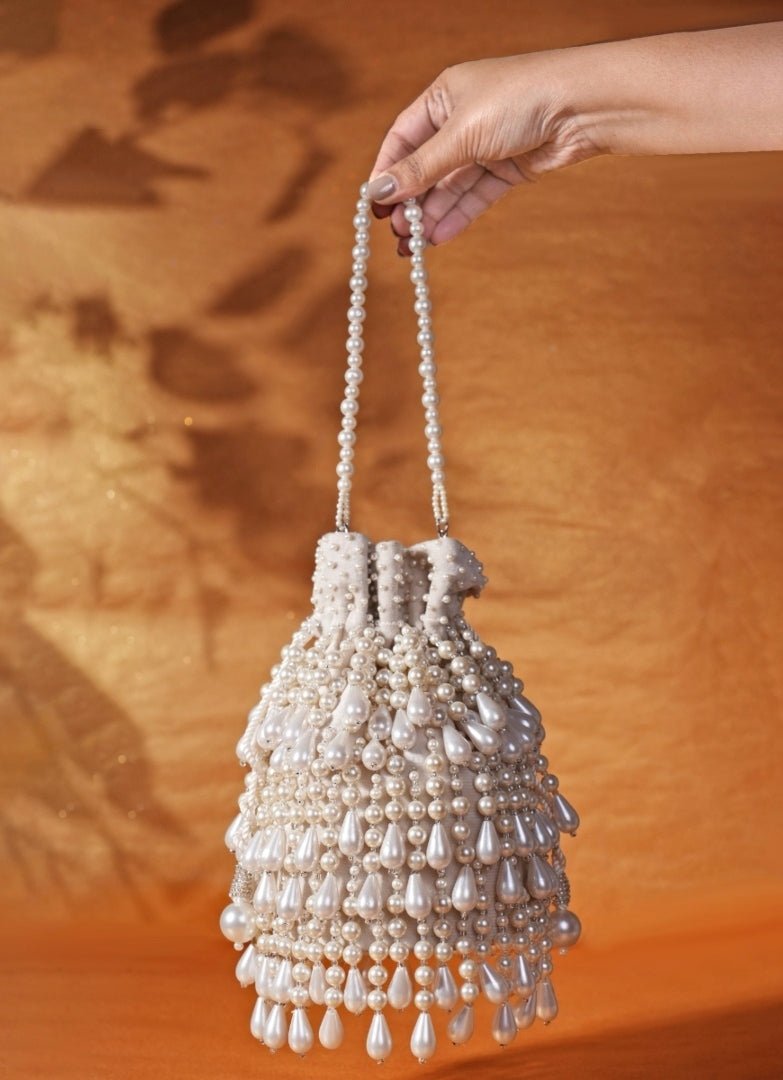 Ivory Pearl Suede Bucket Bag House of Kosha - Fabilicious Fashion