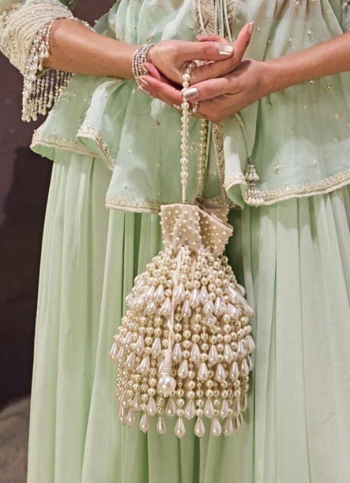 Ivory Pearl Suede Bucket Bag House of Kosha - Fabilicious Fashion