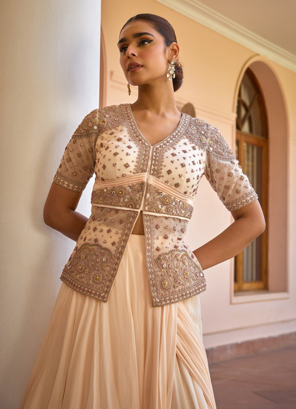 Ivory Pre - Draped Georgette Lehenga Saree With Jacket Isha Gupta Tayal - Fabilicious Fashion