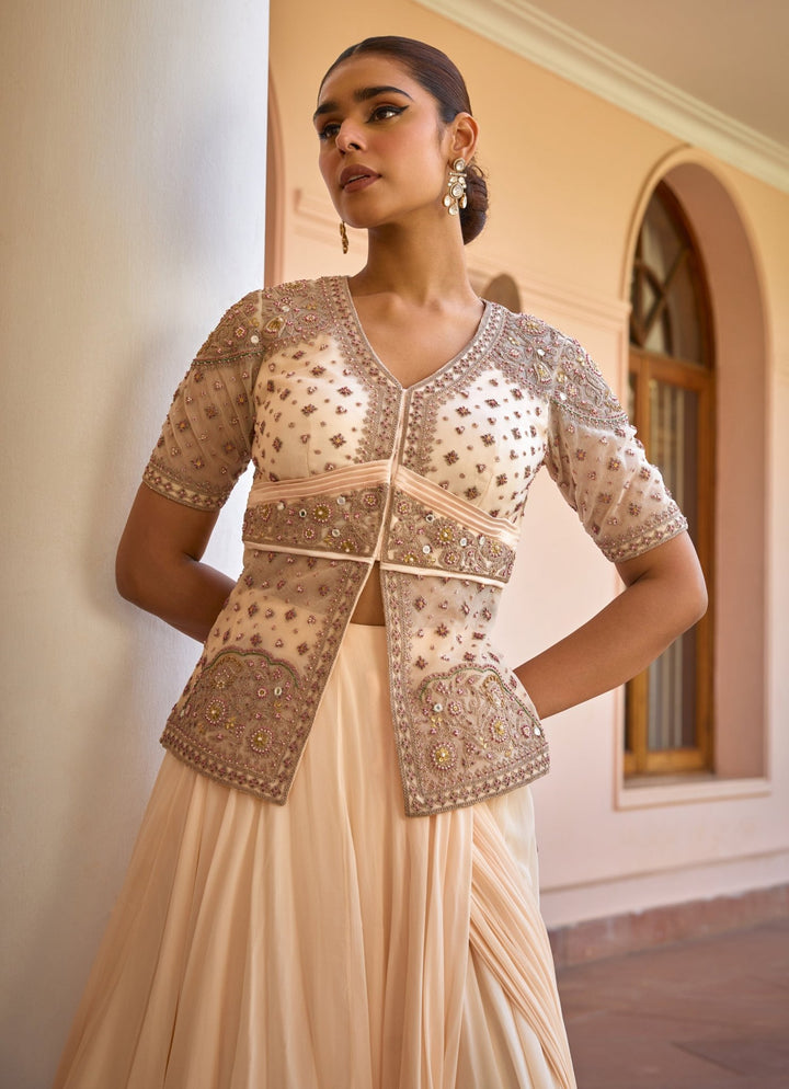 Ivory Pre - Draped Georgette Lehenga Saree With Jacket Isha Gupta Tayal - Fabilicious Fashion