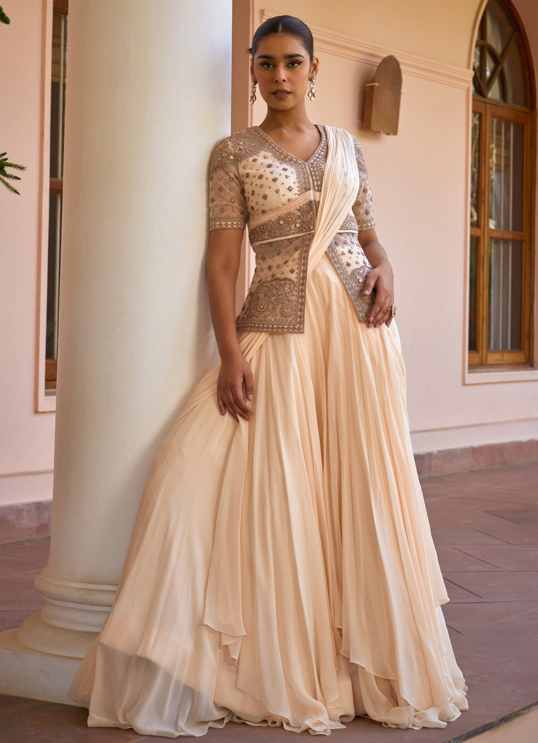 Ivory Pre - Draped Georgette Lehenga Saree With Jacket Isha Gupta Tayal - Fabilicious Fashion