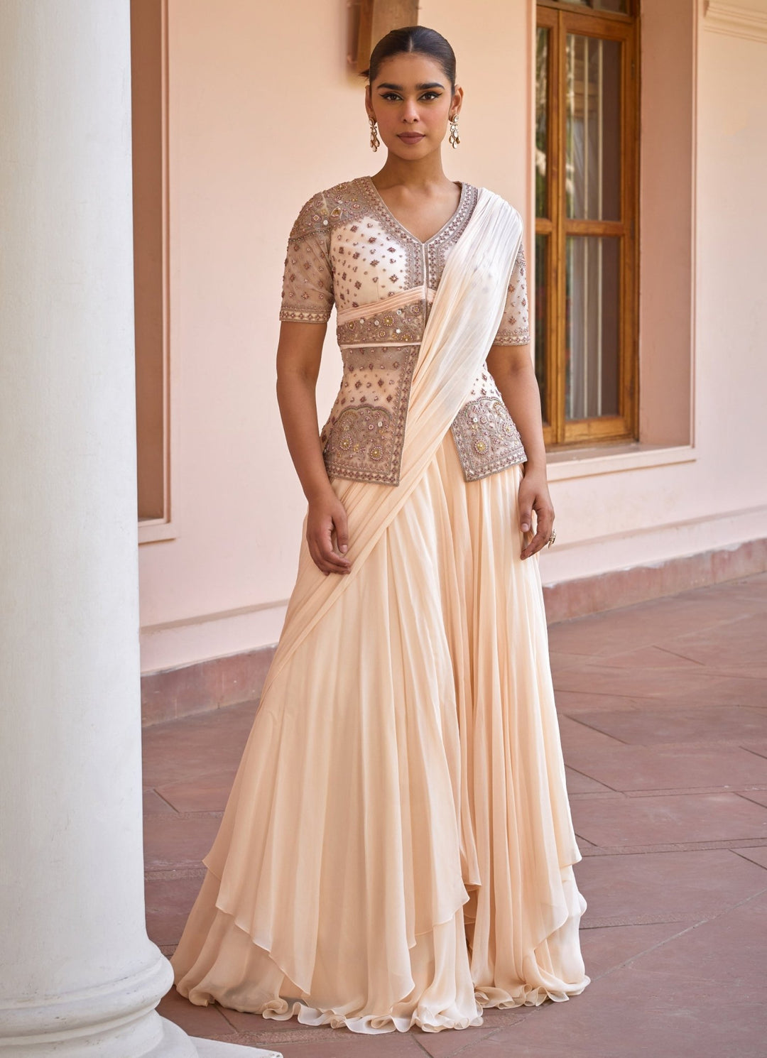 Ivory Pre - Draped Georgette Lehenga Saree With Jacket Isha Gupta Tayal - Fabilicious Fashion