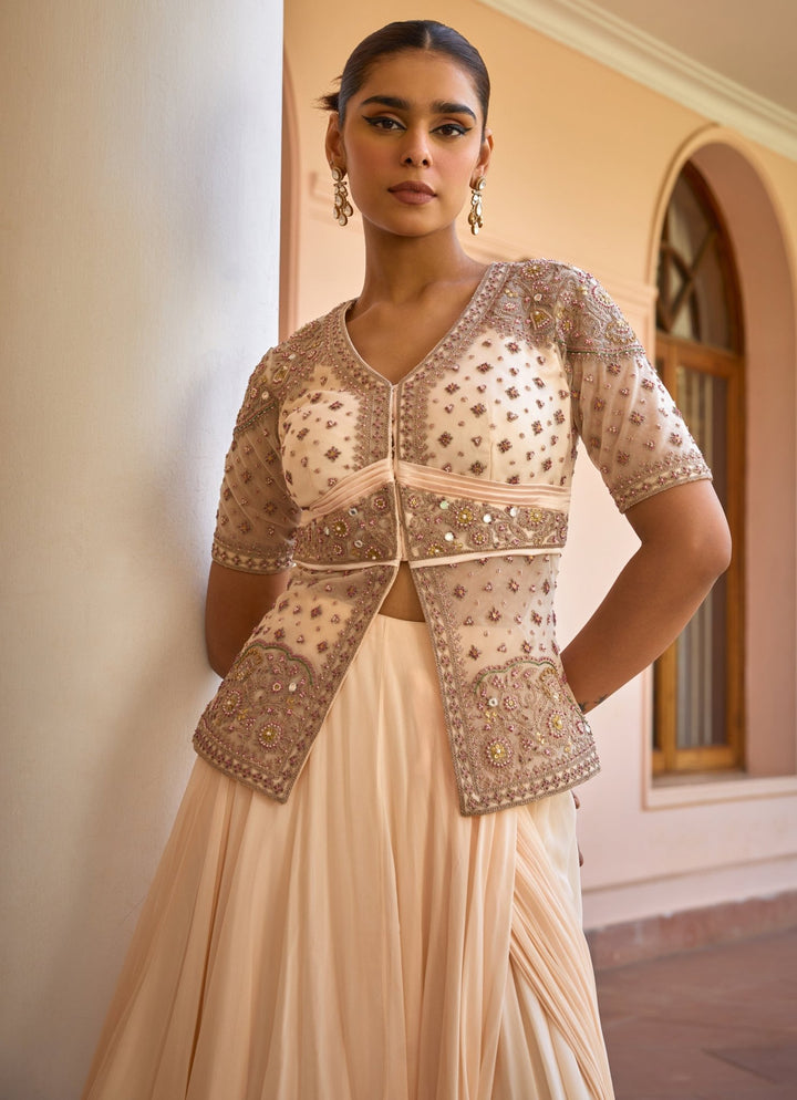 Ivory Pre - Draped Georgette Lehenga Saree With Jacket Isha Gupta Tayal - Fabilicious Fashion