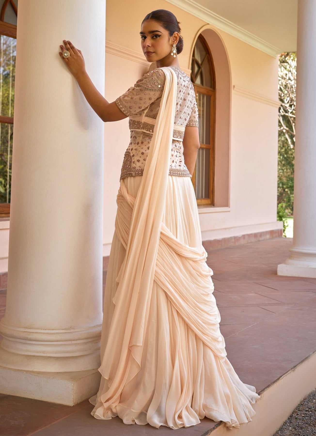 Ivory Pre Draped Georgette Lehenga Saree With Jacket Isha Gupta Tayal Fabilicious Fashion