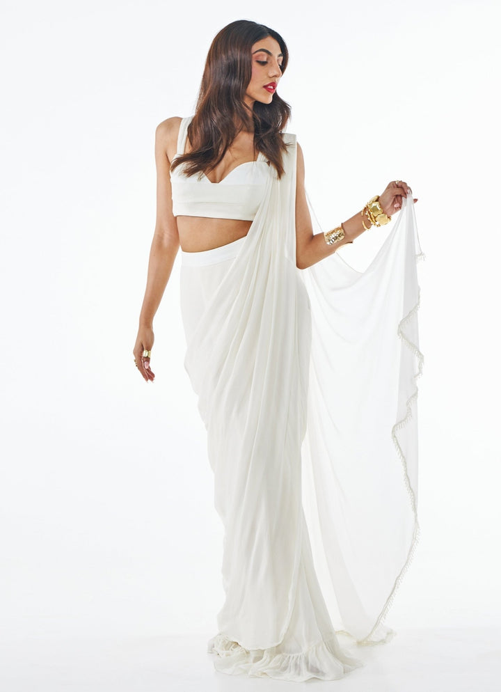 Ivory Pre Draped Pure Georgette Ruffle Saree Set With Ruched Blouse Ankita Bajaj Label - Fabilicious Fashion