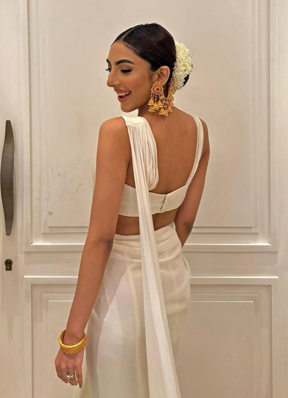Ivory Pre Draped Pure Georgette Ruffle Saree Set With Ruched Blouse Ankita Bajaj Label - Fabilicious Fashion