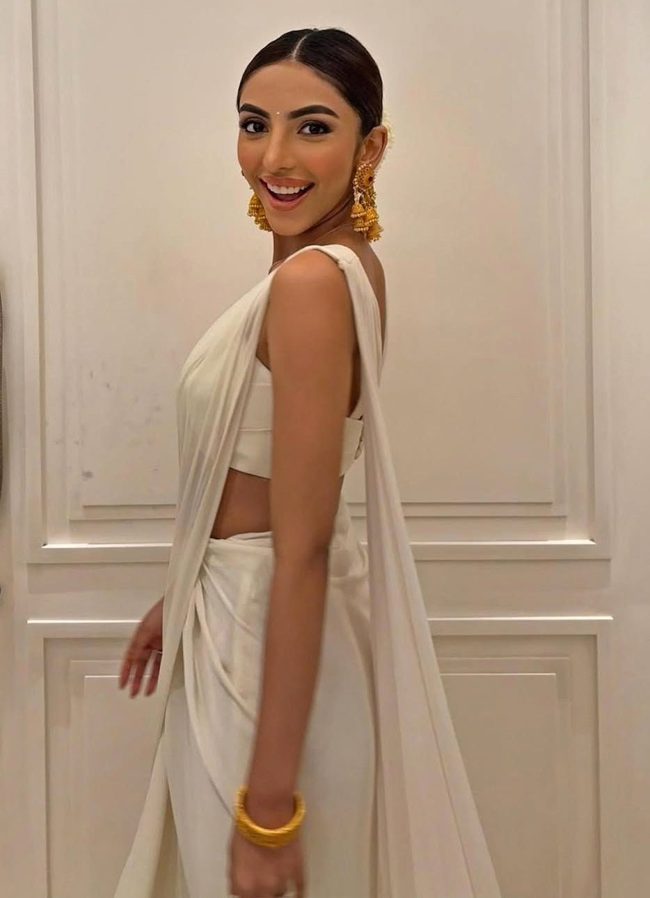 Ivory Pre Draped Pure Georgette Ruffle Saree Set With Ruched Blouse Ankita Bajaj Label - Fabilicious Fashion