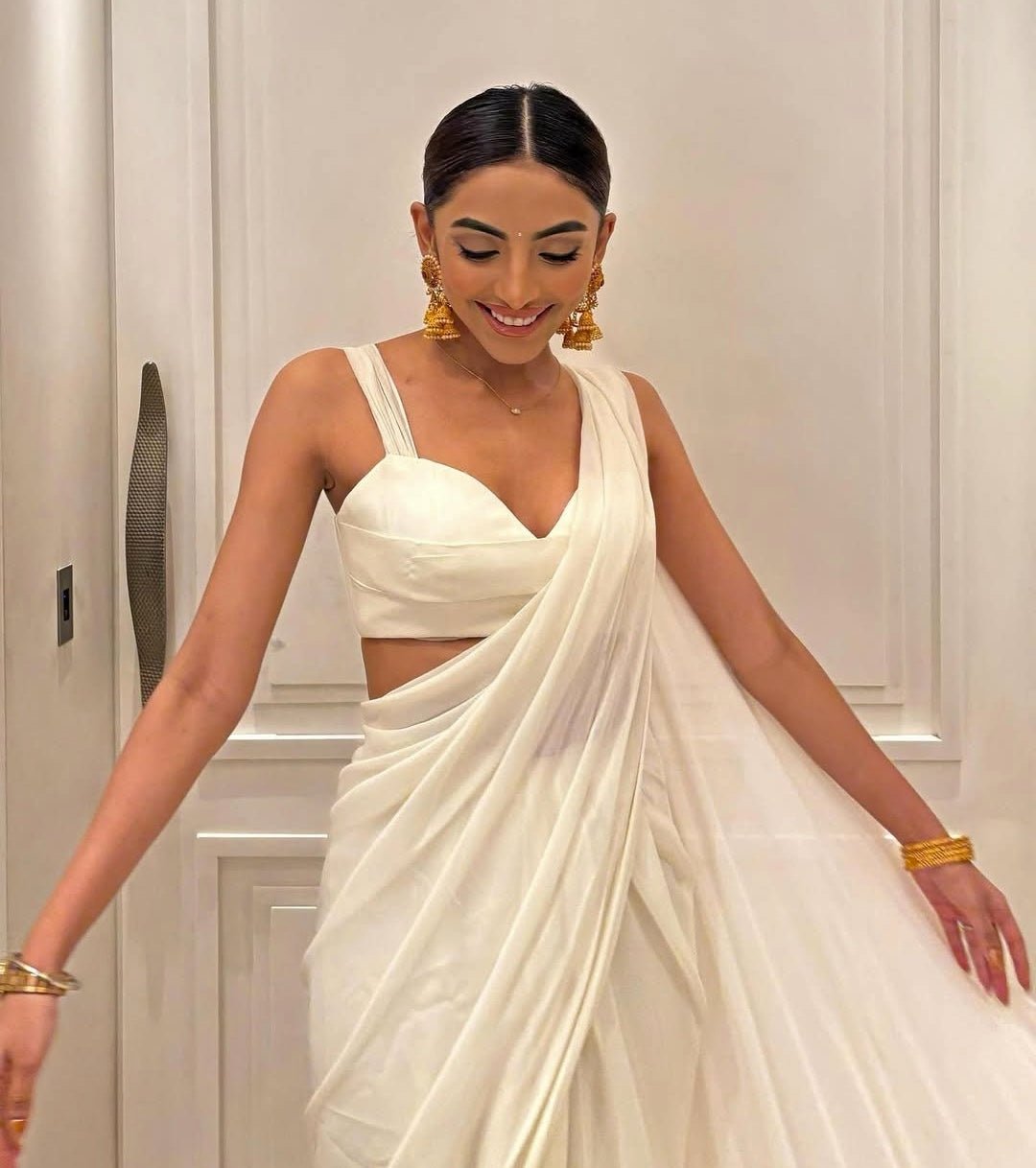 Ivory Pre Draped Pure Georgette Ruffle Saree Set With Ruched Blouse Ankita Bajaj Label - Fabilicious Fashion