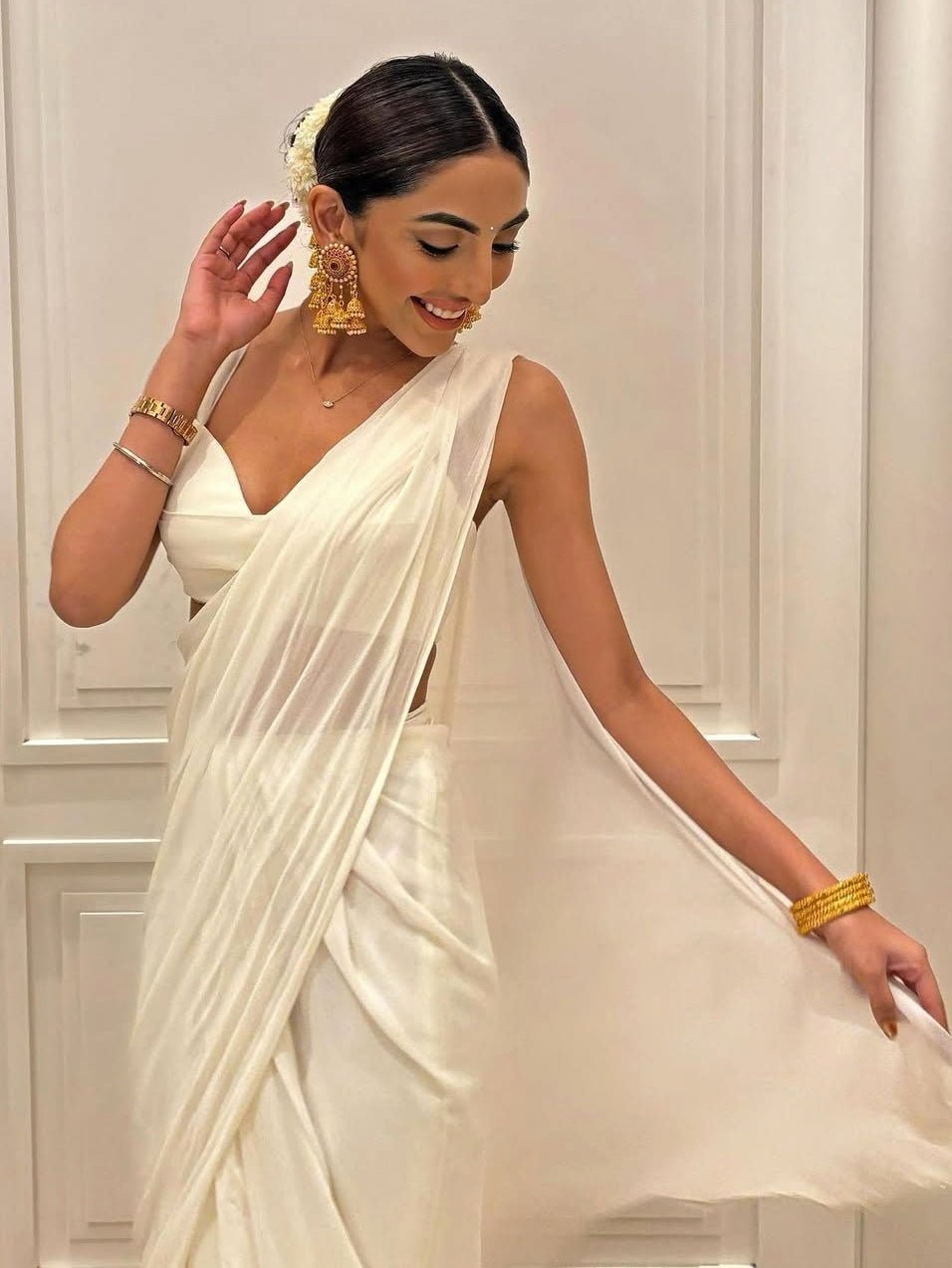 Ivory Pre Draped Pure Georgette Ruffle Saree Set With Ruched Blouse Ankita Bajaj Label - Fabilicious Fashion