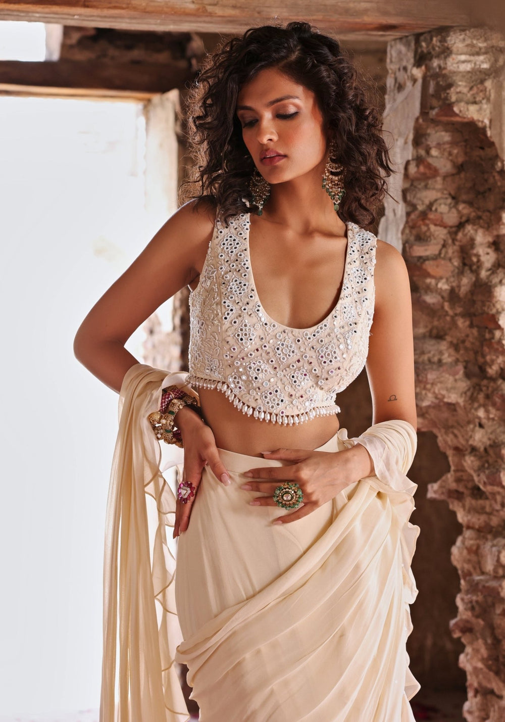 Ivory Pre-Stitched Ruffle Saree set Seema Thukral - Fabilicious Fashion