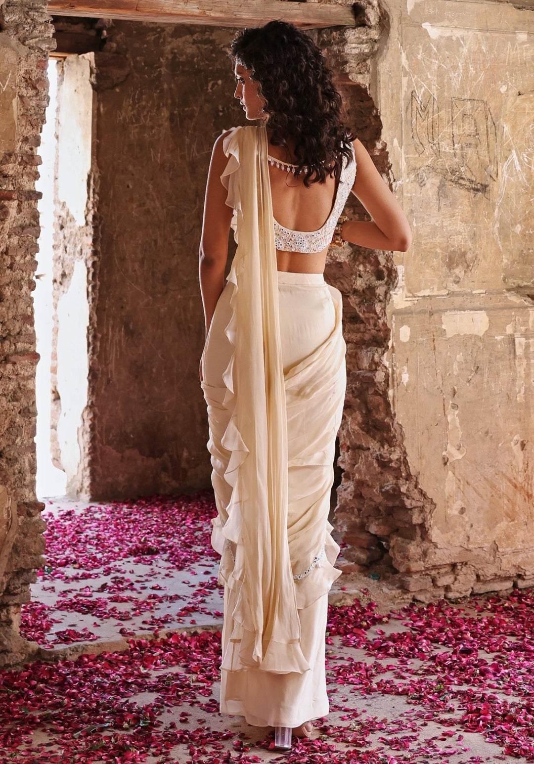 Ivory Pre-Stitched Ruffle Saree set Seema Thukral - Fabilicious Fashion