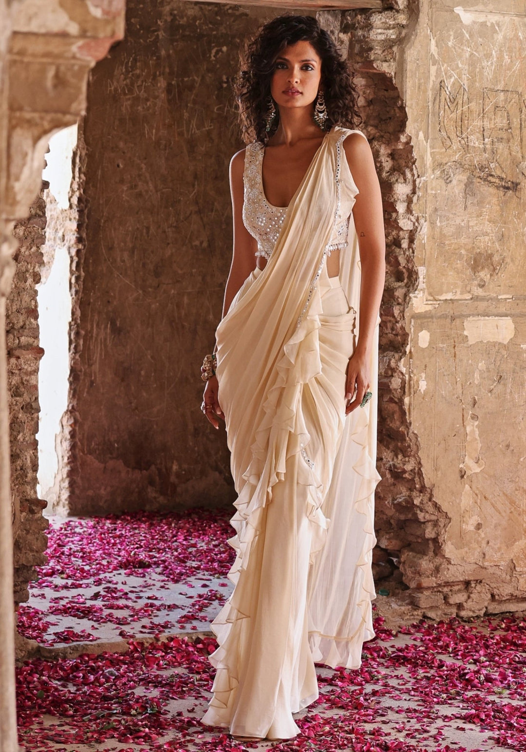 Ivory Pre-Stitched Ruffle Saree set Seema Thukral - Fabilicious Fashion