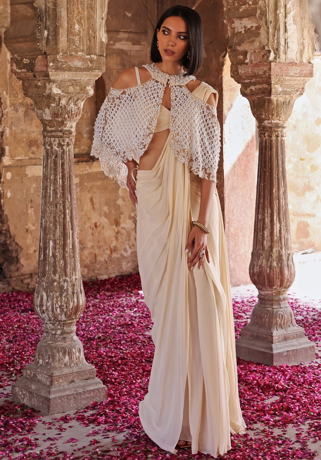 Ivory Pre-Stitched Saree set with Cape Seema Thukral - Fabilicious Fashion