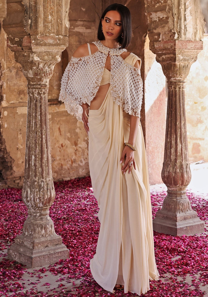 Ivory Pre-Stitched Saree set with Cape Seema Thukral - Fabilicious Fashion