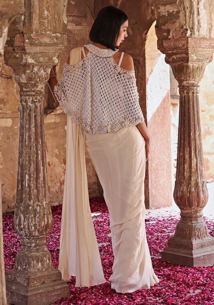 Ivory Pre-Stitched Saree set with Cape Seema Thukral - Fabilicious Fashion