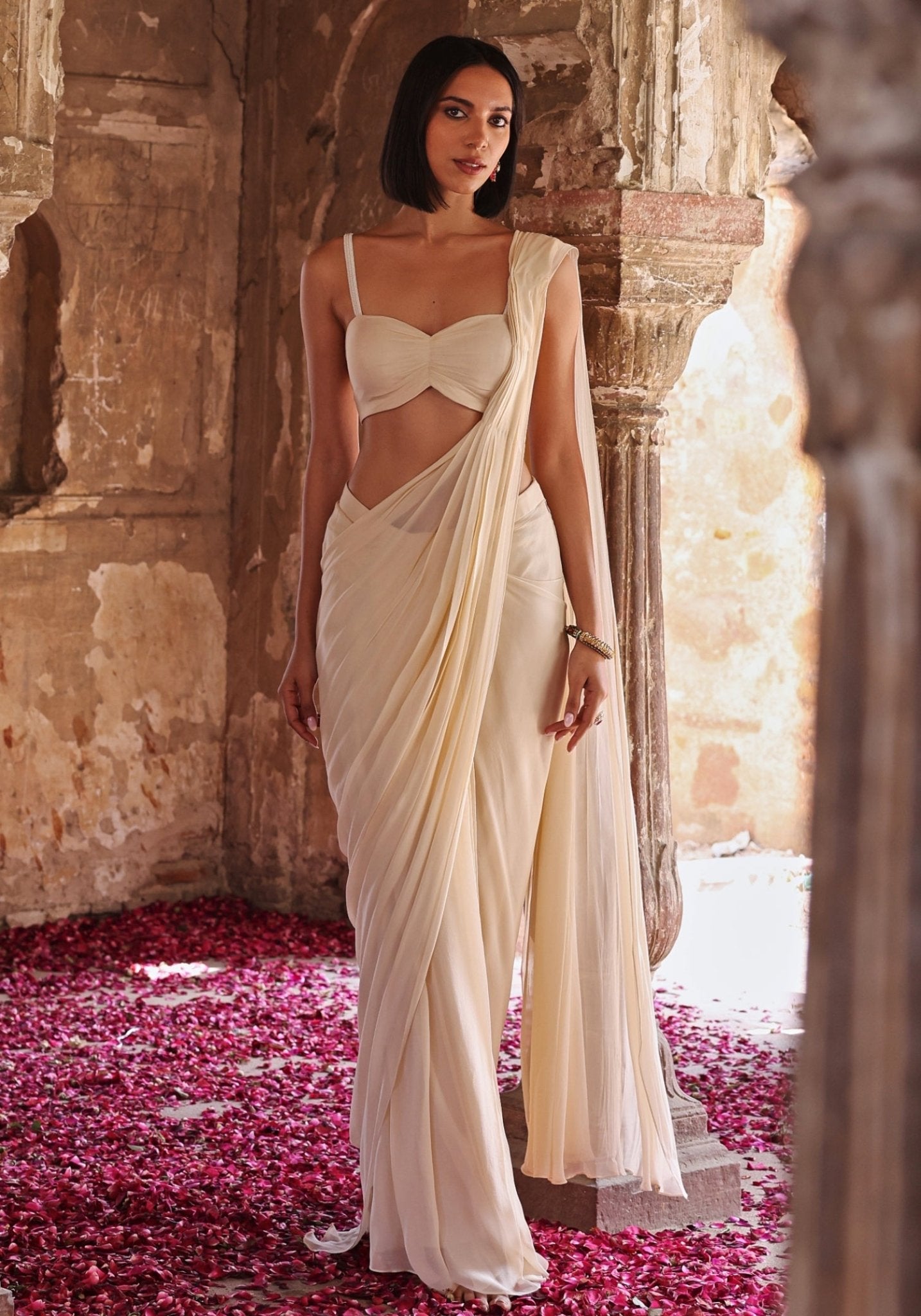 Ivory pre-stitched saree set — modern saree by Seema Thukral