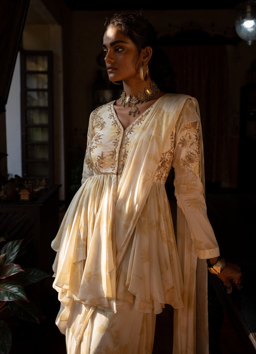 Ivory Predraped Crepe Saree With Peplum Blouse Paulmi and Harsh - Fabilicious Fashion