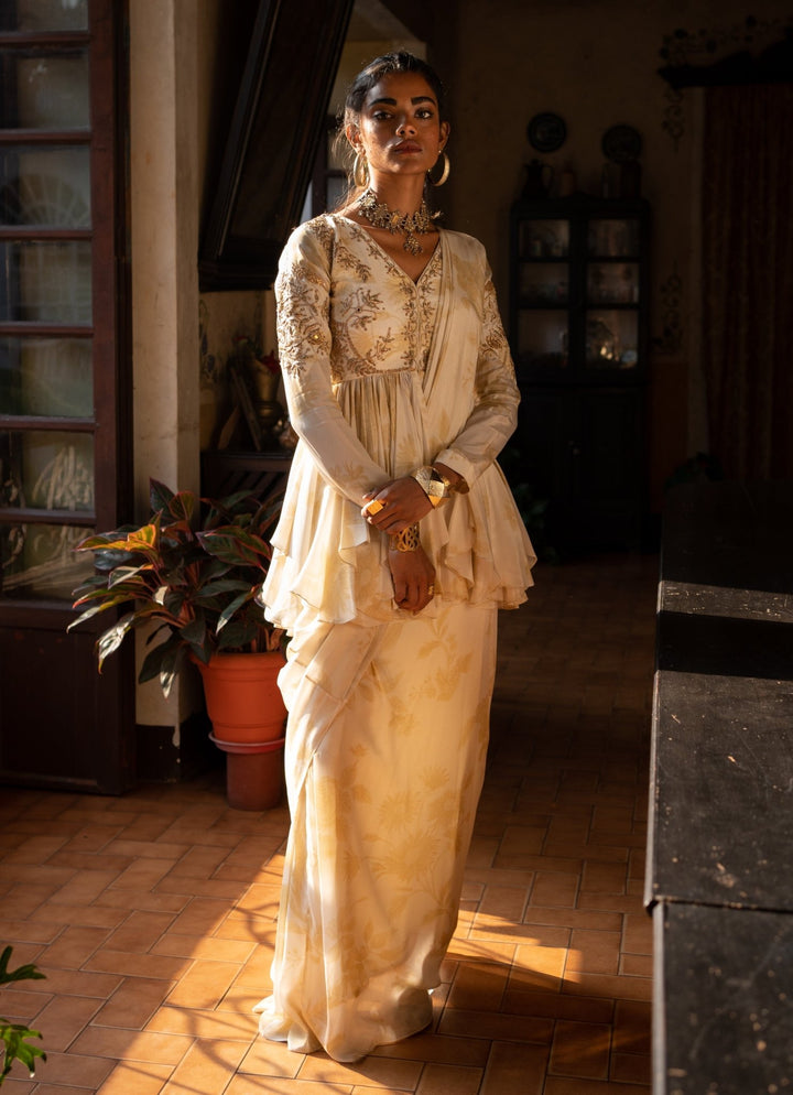 Ivory Predraped Crepe Saree With Peplum Blouse Paulmi and Harsh - Fabilicious Fashion