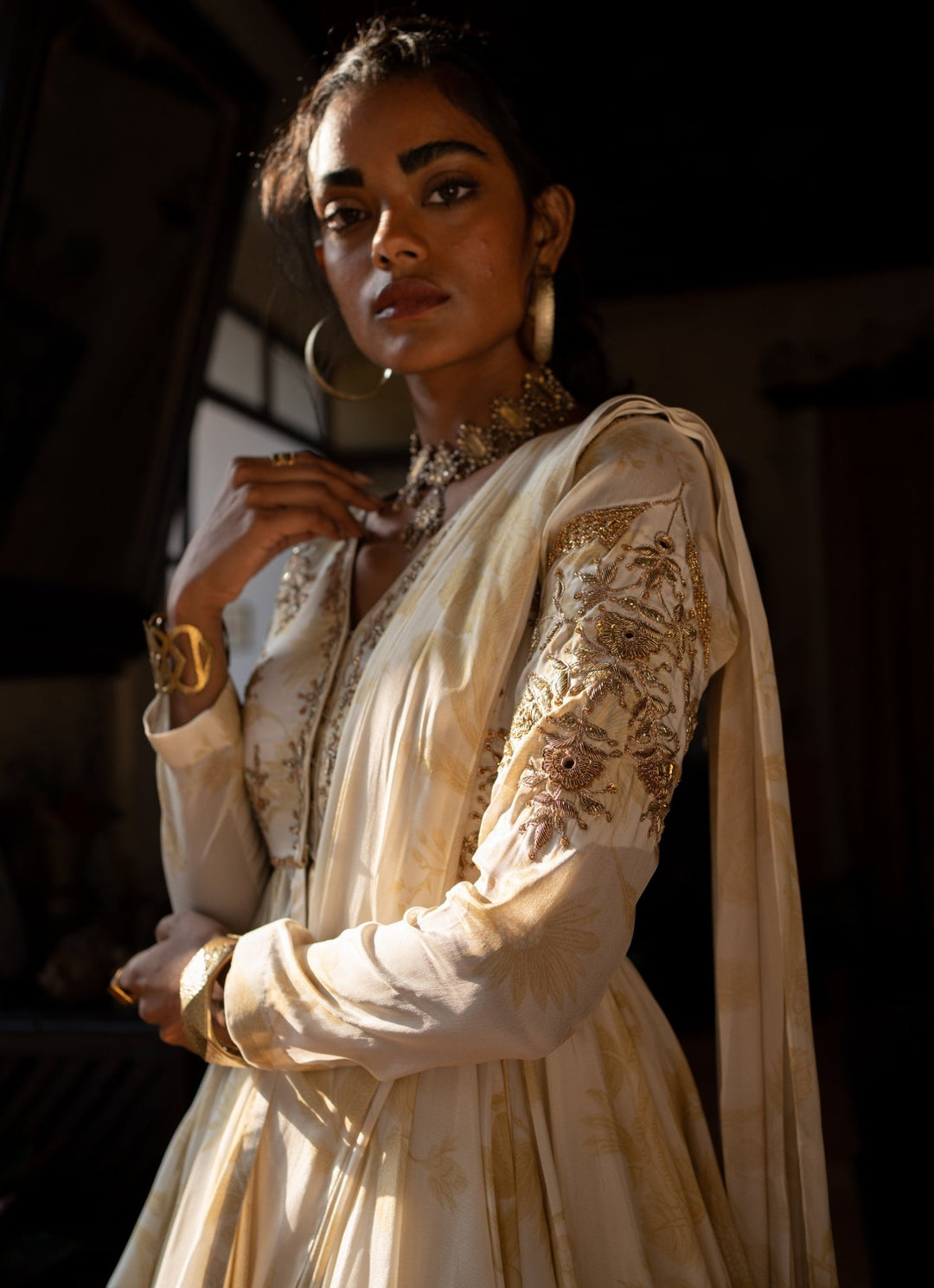 Ivory Predraped Crepe Saree With Peplum Blouse Paulmi and Harsh - Fabilicious Fashion